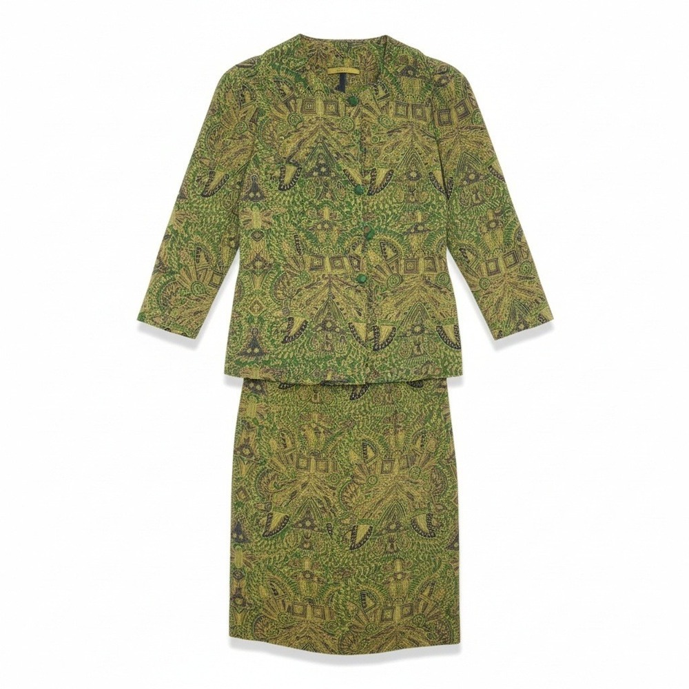 Sussy Vintage Green Batik Print Skirt Suit Set Blazer and Pencil Skirt Womens